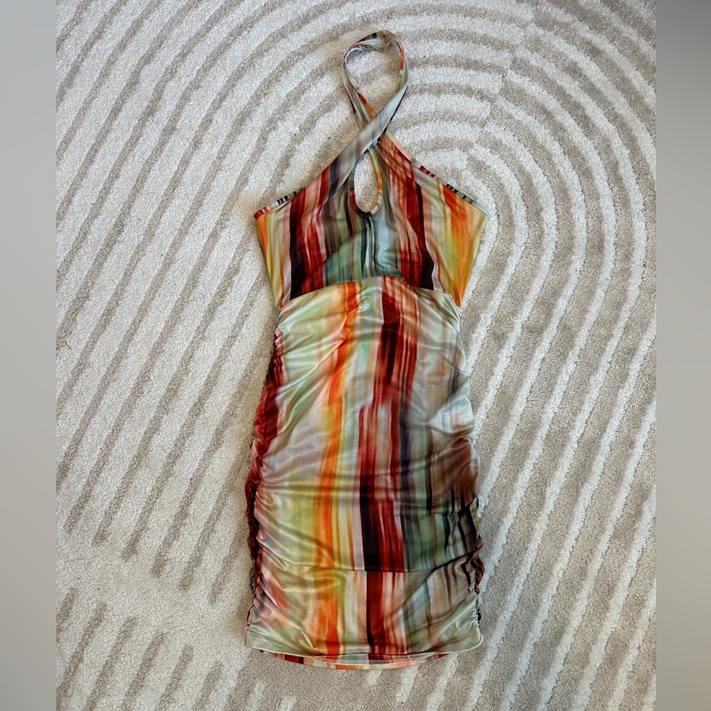 SHEIN halter neck multicolored ruched body-con mini dress